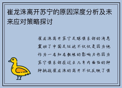 崔龙洙离开苏宁的原因深度分析及未来应对策略探讨